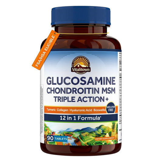 Vitalitown Glucosamin Chondroitin MSM | Kollagen, Boswellia, Kurkuma, Hyaluronsäure, Bromelain | Triple Action+ Formel | 12 Inhaltsstoffe | 90 Tabletten, Ohne Schalentiere
