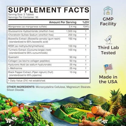 Vitalitown Glucosamin Chondroitin MSM | Kollagen, Boswellia, Kurkuma, Hyaluronsäure, Bromelain | Triple Action+ Formel | 12 Inhaltsstoffe | 90 Tabletten, Ohne Schalentiere