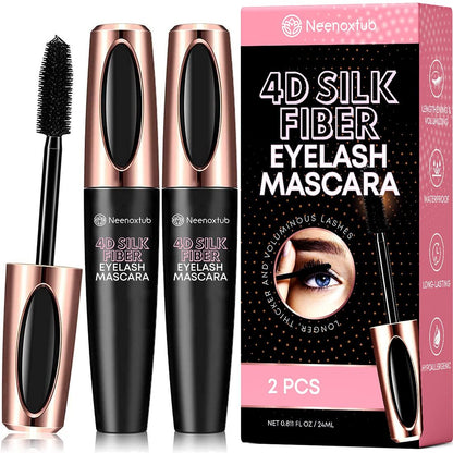 Neenoxtub 4D Silk Fiber Lash Mascara, verlängernd und verdichtend, lang anhaltend, wasserfest & wischfest, hypoallergene Formel, 2er-Pack Schwarz