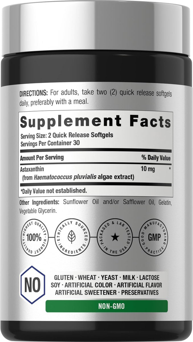 Horbäach Astaxanthin 10 mg | 60 Weichkapseln | Algenbasiertes Nahrungsergänzungsmittel | Non-GMO, Glutenfrei