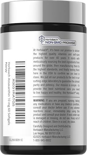 Horbäach Astaxanthin 10 mg | 60 Weichkapseln | Algenbasiertes Nahrungsergänzungsmittel | Non-GMO, Glutenfrei