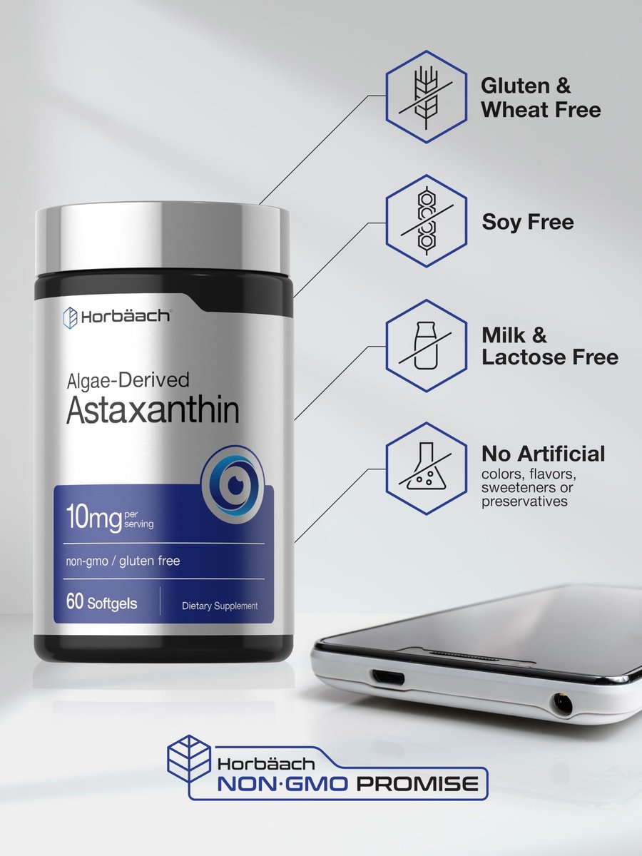 Horbäach Astaxanthin 10 mg | 60 Weichkapseln | Algenbasiertes Nahrungsergänzungsmittel | Non-GMO, Glutenfrei