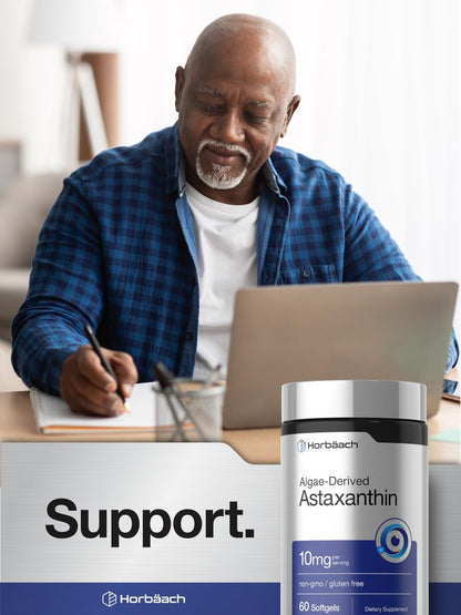 Horbäach Astaxanthin 10 mg | 60 Weichkapseln | Algenbasiertes Nahrungsergänzungsmittel | Non-GMO, Glutenfrei