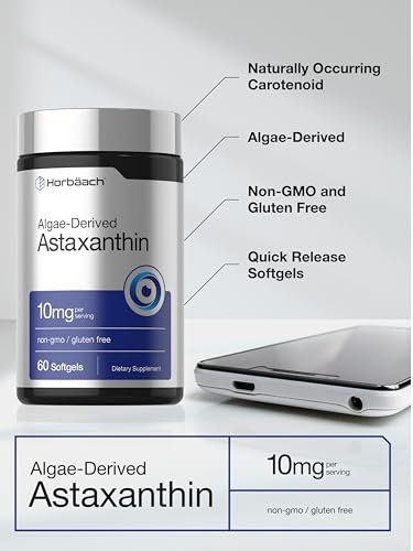 Horbäach Astaxanthin 10 mg | 60 Weichkapseln | Algenbasiertes Nahrungsergänzungsmittel | Non-GMO, Glutenfrei