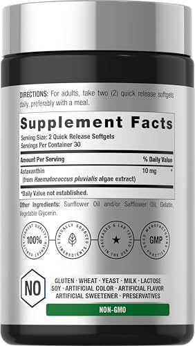 Horbäach Astaxanthin 10 mg | 60 Weichkapseln | Algenbasiertes Nahrungsergänzungsmittel | Non-GMO, Glutenfrei