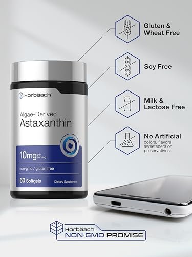 Horbäach Astaxanthin 10 mg | 60 Weichkapseln | Algenbasiertes Nahrungsergänzungsmittel | Non-GMO, Glutenfrei