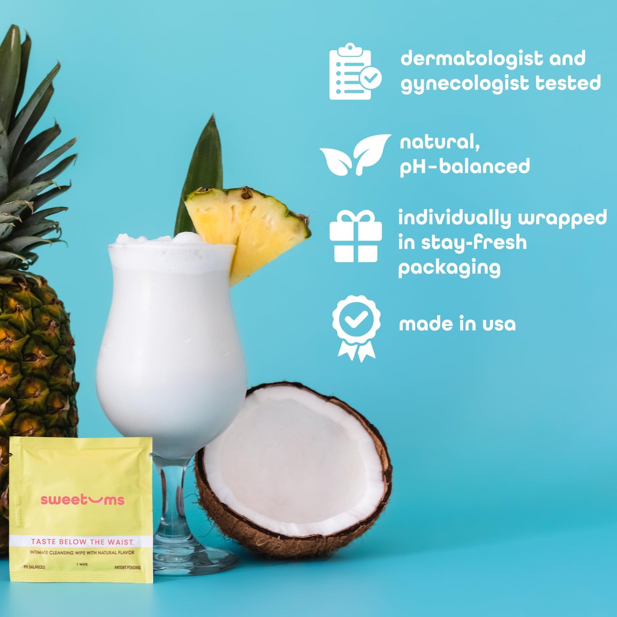 Sweetums Feminine Wipes für Frauen, einzeln verpackt – pH-ausgeglichene, aromatisierte Intimtücher – Packung mit 10 (Piña Colada)