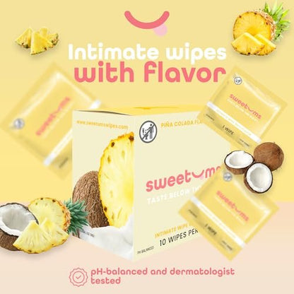 Sweetums Feminine Wipes für Frauen, einzeln verpackt – pH-ausgeglichene, aromatisierte Intimtücher – Packung mit 10 (Piña Colada)