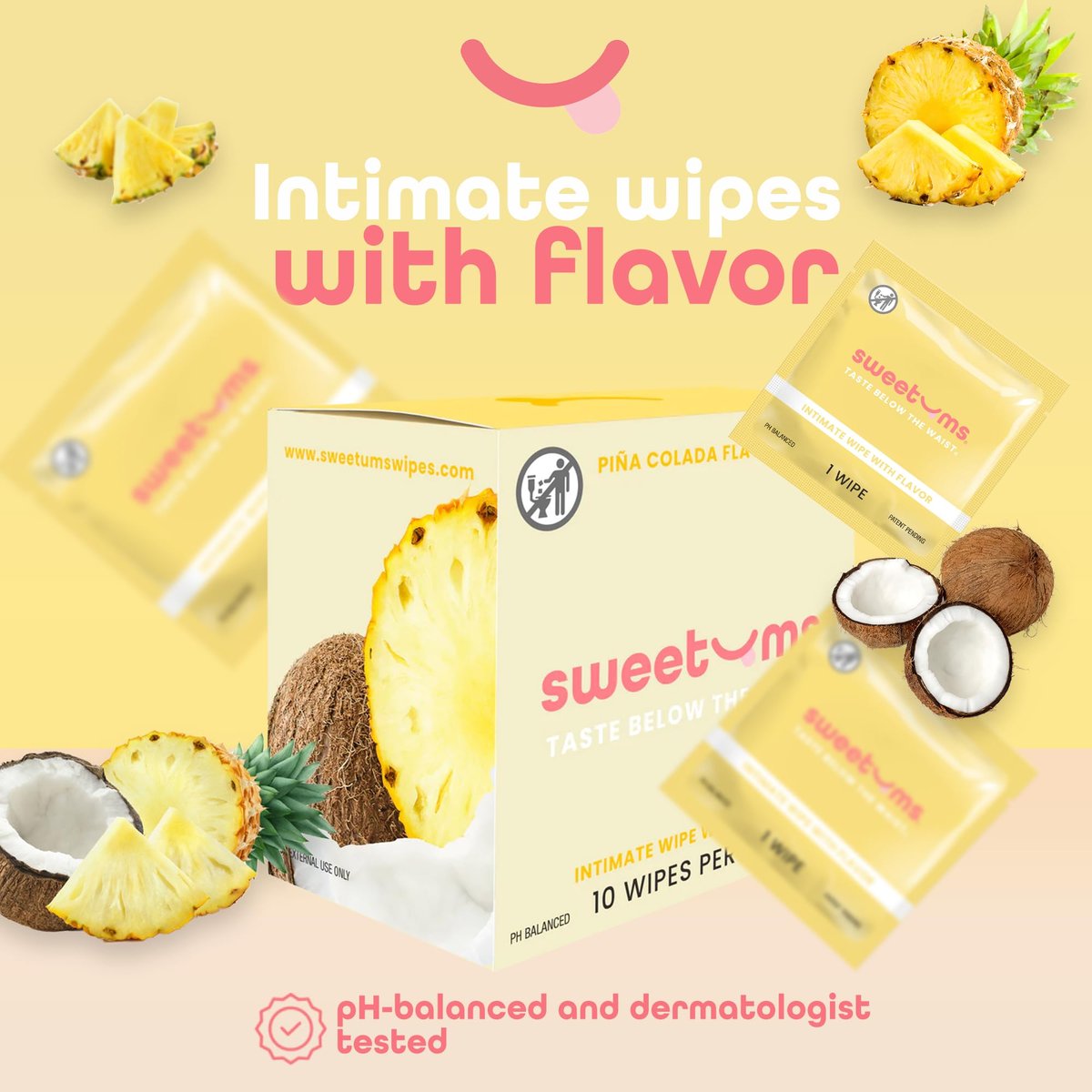 Sweetums Feminine Wipes für Frauen, einzeln verpackt – pH-ausgeglichene, aromatisierte Intimtücher – Packung mit 10 (Piña Colada)