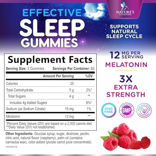 Melatonin Schlafgummis – 12 mg pro Portion – Extra starke Unterstützung für erholsamen Schlaf – Vegan – Beerengeschmack – 120 Gummis