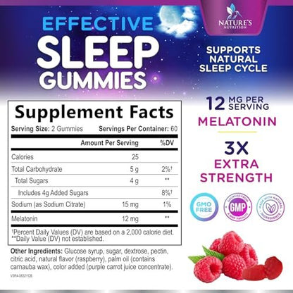 Melatonin Schlafgummis – 12 mg pro Portion – Extra starke Unterstützung für erholsamen Schlaf – Vegan – Beerengeschmack – 120 Gummis