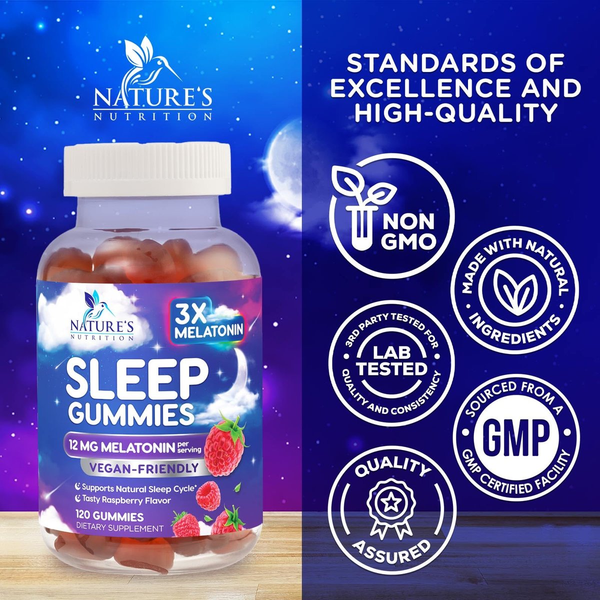 Melatonin Schlafgummis – 12 mg pro Portion – Extra starke Unterstützung für erholsamen Schlaf – Vegan – Beerengeschmack – 120 Gummis
