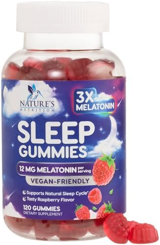 Melatonin Schlafgummis – 12 mg pro Portion – Extra starke Unterstützung für erholsamen Schlaf – Vegan – Beerengeschmack – 120 Gummis