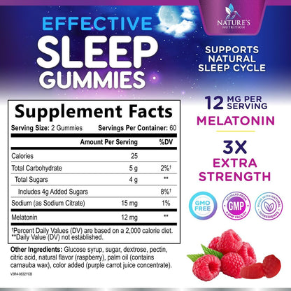 Melatonin Schlafgummis – 12 mg pro Portion – Extra starke Unterstützung für erholsamen Schlaf – Vegan – Beerengeschmack – 120 Gummis