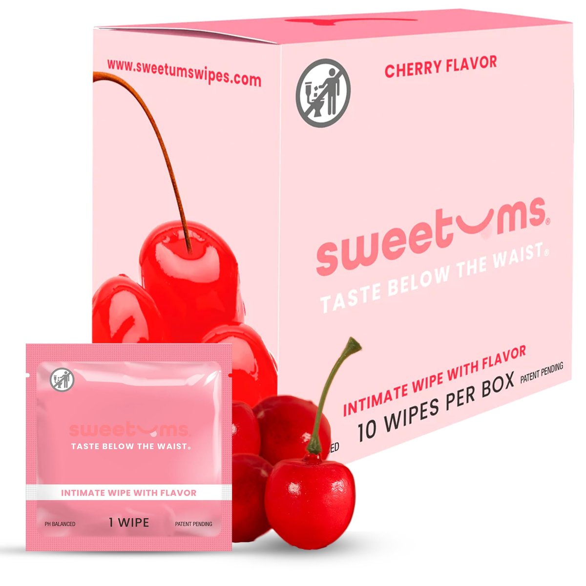 Sweetums Feminine Wipes für Frauen, einzeln verpackt – pH-ausgeglichene, aromatisierte Intimtücher – Packung mit 10 (Kirsche)