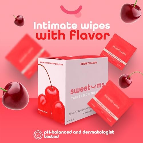 Sweetums Feminine Wipes für Frauen, einzeln verpackt – pH-ausgeglichene, aromatisierte Intimtücher – Packung mit 10 (Kirsche)