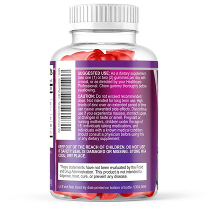 Zink Gummies - 50 mg Zink pro Portion Immun-, Haut- & Knochenunterstützung - Premium Antioxidans, hoch bioverfügbar, vegan, leckerer Beerengeschmack, 120 Gummis