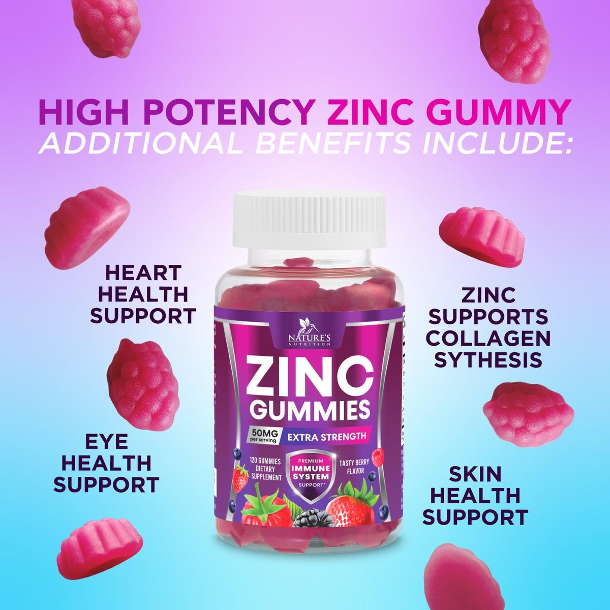 Zink Gummies - 50 mg Zink pro Portion Immun-, Haut- & Knochenunterstützung - Premium Antioxidans, hoch bioverfügbar, vegan, leckerer Beerengeschmack, 120 Gummis