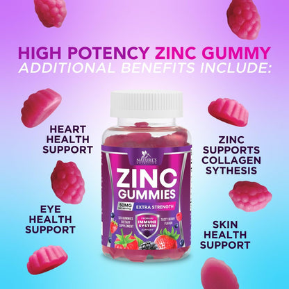 Zink Gummies - 50 mg Zink pro Portion Immun-, Haut- & Knochenunterstützung - Premium Antioxidans, hoch bioverfügbar, vegan, leckerer Beerengeschmack, 120 Gummis