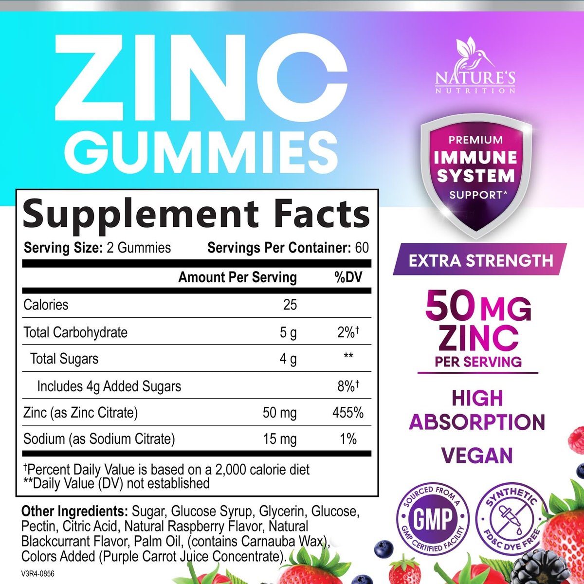 Zink Gummies - 50 mg Zink pro Portion Immun-, Haut- & Knochenunterstützung - Premium Antioxidans, hoch bioverfügbar, vegan, leckerer Beerengeschmack, 120 Gummis
