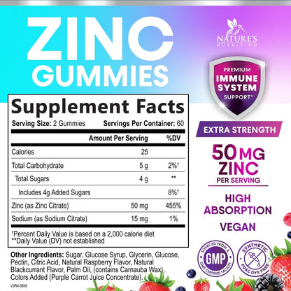 Zink Gummies - 50 mg Zink pro Portion Immun-, Haut- & Knochenunterstützung - Premium Antioxidans, hoch bioverfügbar, vegan, leckerer Beerengeschmack, 120 Gummis