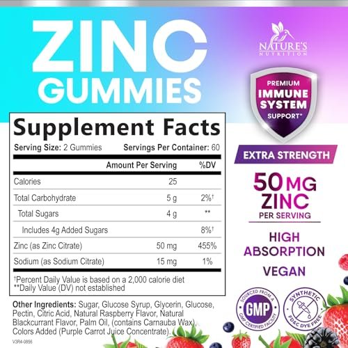 Zink Gummies - 50 mg Zink pro Portion Immun-, Haut- & Knochenunterstützung - Premium Antioxidans, hoch bioverfügbar, vegan, leckerer Beerengeschmack, 120 Gummis
