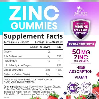 Zink Gummies - 50 mg Zink pro Portion Immun-, Haut- & Knochenunterstützung - Premium Antioxidans, hoch bioverfügbar, vegan, leckerer Beerengeschmack, 120 Gummis