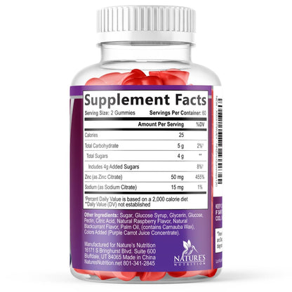 Zink Gummies - 50 mg Zink pro Portion Immun-, Haut- & Knochenunterstützung - Premium Antioxidans, hoch bioverfügbar, vegan, leckerer Beerengeschmack, 120 Gummis