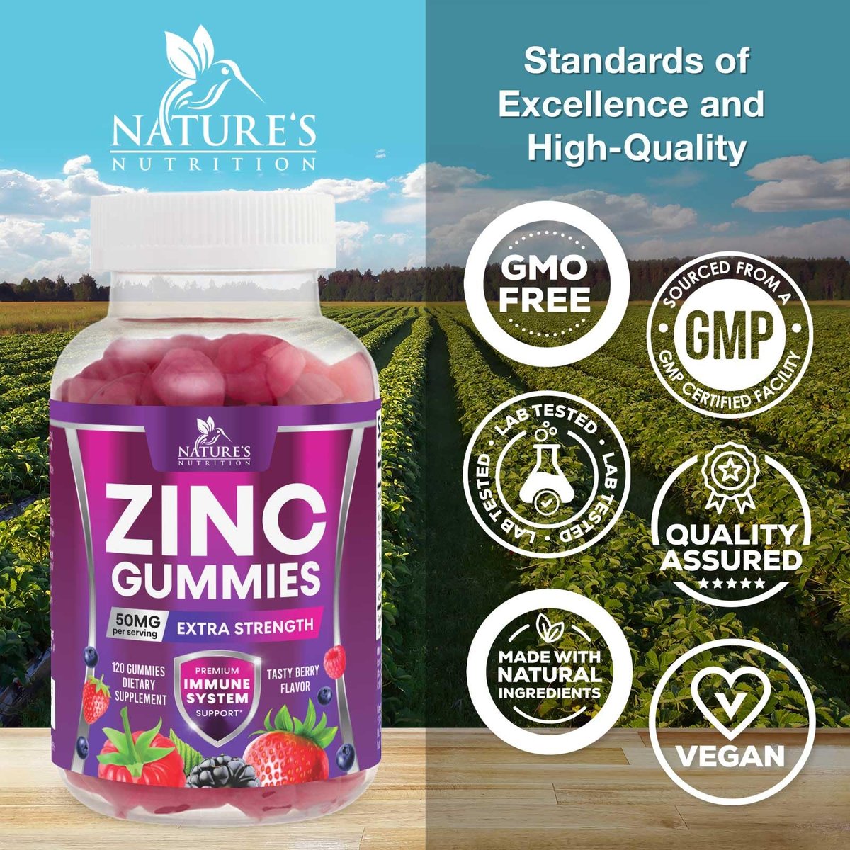 Zink Gummies - 50 mg Zink pro Portion Immun-, Haut- & Knochenunterstützung - Premium Antioxidans, hoch bioverfügbar, vegan, leckerer Beerengeschmack, 120 Gummis