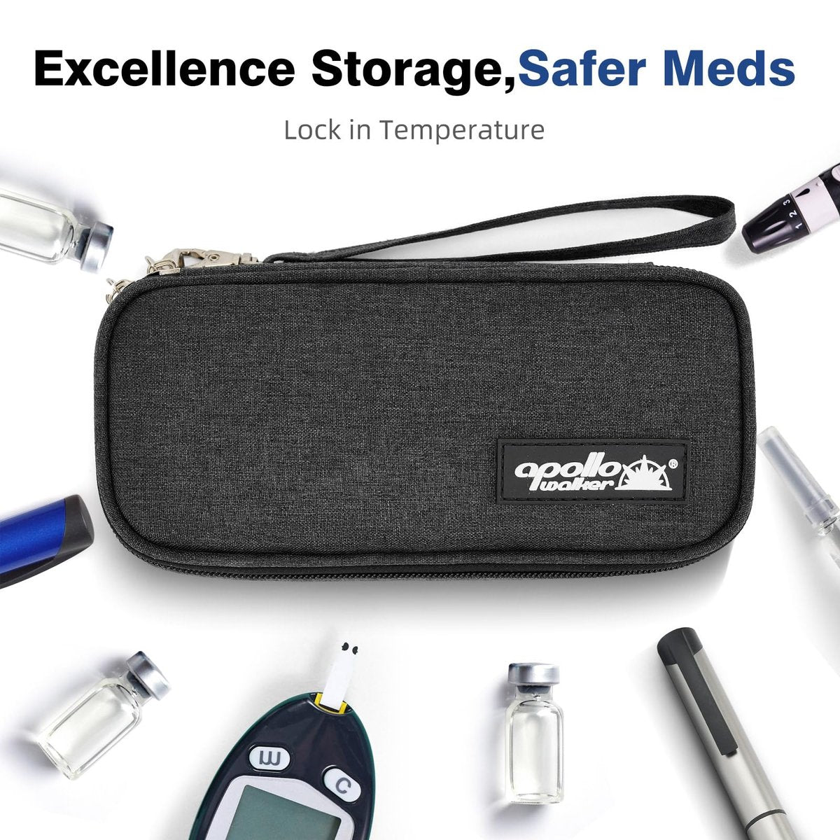 Apollo Walker Insulin Kühltasche Reiseetui für Diabetiker – Medikamentenkühler mit Kühlakkus und Isolierfutter – TSA-geprüft – Schwarz, Klein