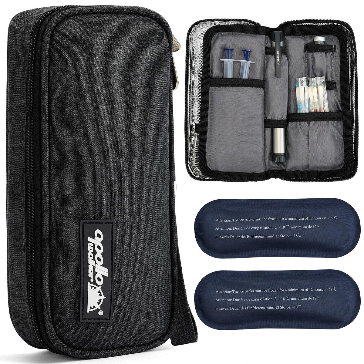 Apollo Walker Insulin Kühltasche Reiseetui für Diabetiker – Medikamentenkühler mit Kühlakkus und Isolierfutter – TSA-geprüft – Schwarz, Klein
