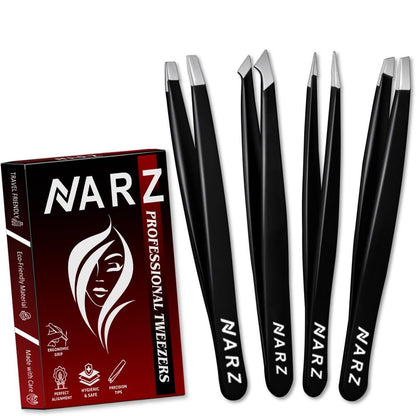 NARZ 4-teiliges Profi-Pinzettenset für Damen & Herren – Edelstahl-Präzisionspinzetten für Augenbrauen & eingewachsene Haare (Schwarz)