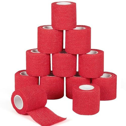 12 Stück 2" x 5 Yards Selbstklebende Bandage, Elastische Mullbinde, Selbsthaftende Kohäsivbinde für Handgelenk, Knöchel, Tierpflege, Sport, Schwellungen, Verstauchungen, Grifffixierung (Rot)