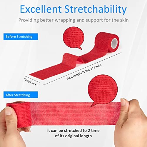 12 Stück 2" x 5 Yards Selbstklebende Bandage, Elastische Mullbinde, Selbsthaftende Kohäsivbinde für Handgelenk, Knöchel, Tierpflege, Sport, Schwellungen, Verstauchungen, Grifffixierung (Rot)