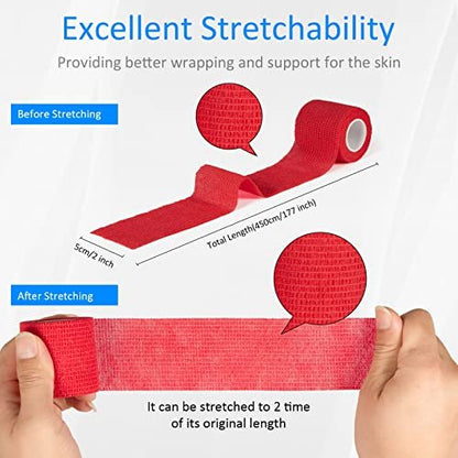 12 Stück 2" x 5 Yards Selbstklebende Bandage, Elastische Mullbinde, Selbsthaftende Kohäsivbinde für Handgelenk, Knöchel, Tierpflege, Sport, Schwellungen, Verstauchungen, Grifffixierung (Rot)