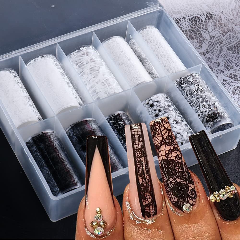 Spitzen-Nagelkunst-Folien-Transfer-Aufkleber – Schwarz-Weiß-Blumen-Folien für Sternenhimmel-Look, DIY-Maniküre-Zubehör für Frauen und Mädchen