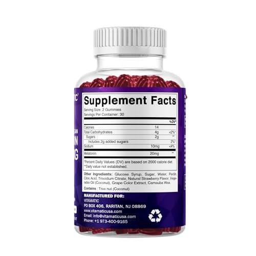 Vitamatic Melatonin 20mg Gummis für Erwachsene, 30 Portionen - 60 Stück - Nicht gewohnheitsbildendes Nahrungsergänzungsmittel