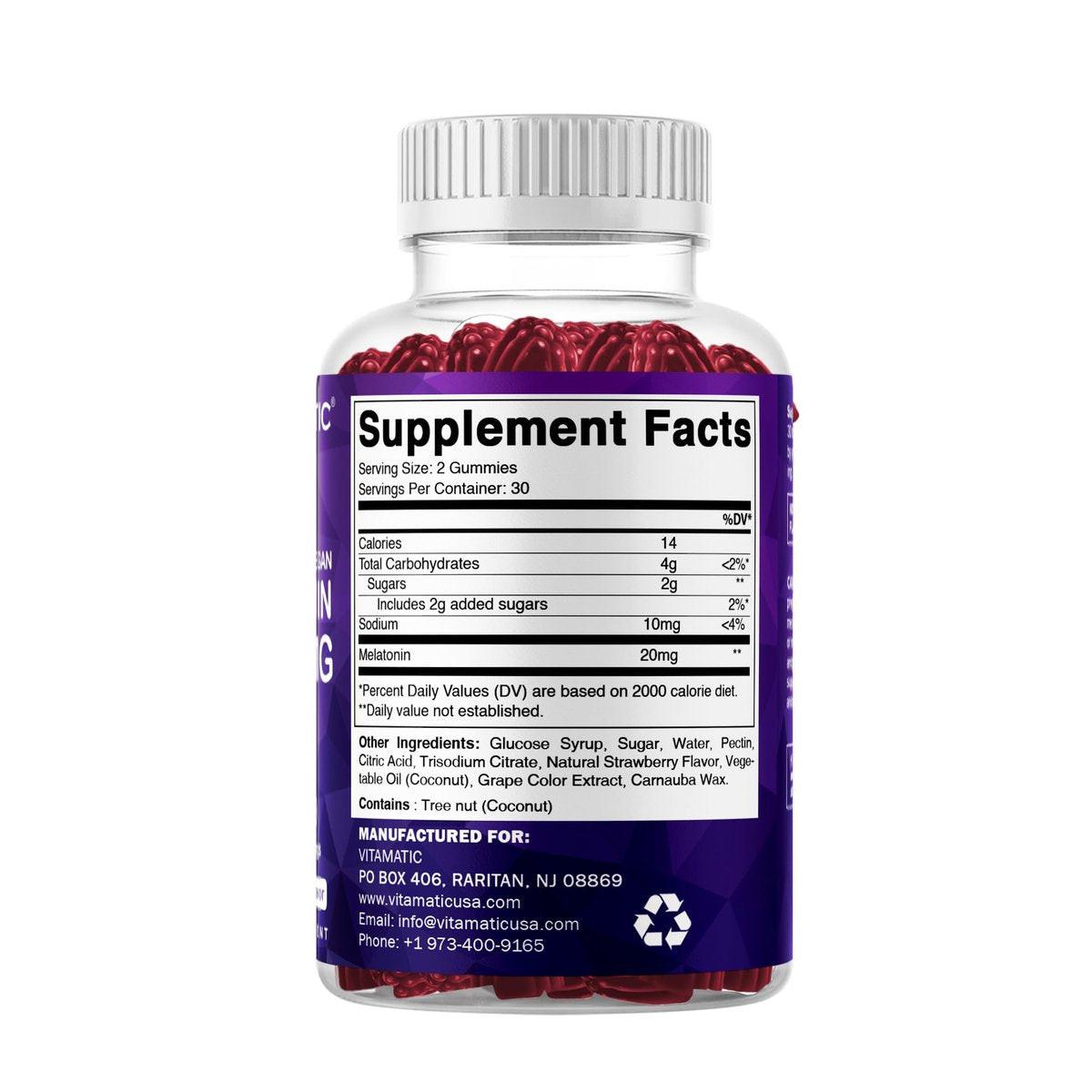 Vitamatic Melatonin 20mg Gummis für Erwachsene, 30 Portionen - 60 Stück - Nicht gewohnheitsbildendes Nahrungsergänzungsmittel