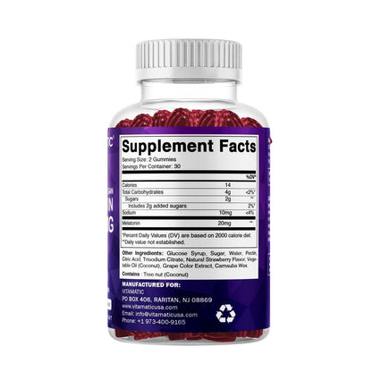 Vitamatic Melatonin 20mg Gummis für Erwachsene, 30 Portionen - 60 Stück - Nicht gewohnheitsbildendes Nahrungsergänzungsmittel