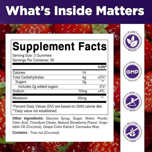 Vitamatic Melatonin 20mg Gummis für Erwachsene, 30 Portionen - 60 Stück - Nicht gewohnheitsbildendes Nahrungsergänzungsmittel
