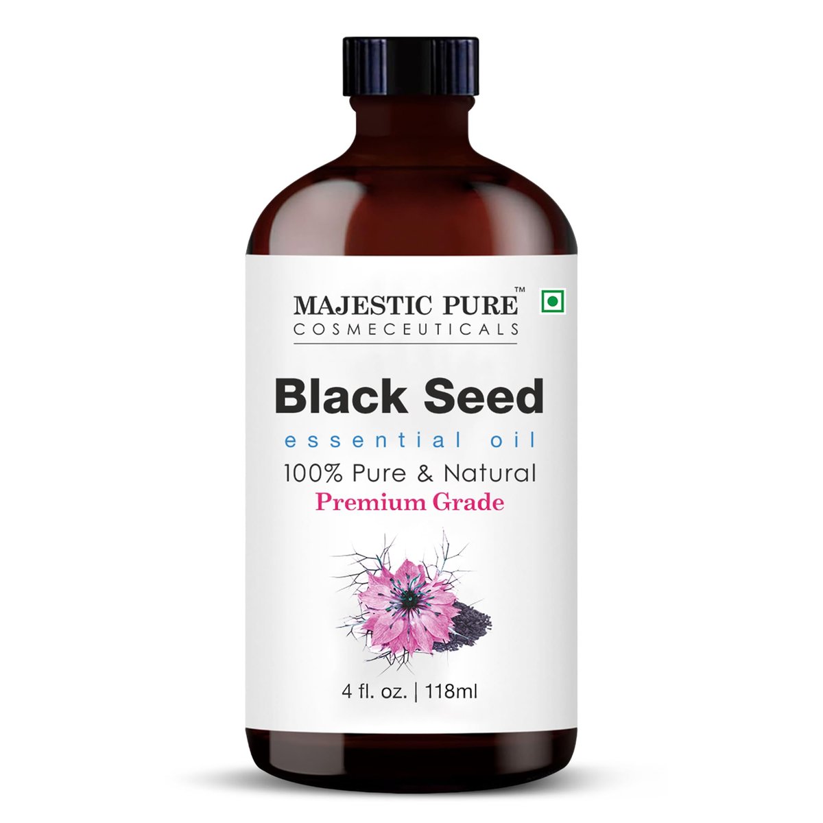 Majestic Pure Schwarzkümmelöl Bio - 100% Reines und Natürliches Ätherisches Öl mit Glaspippette, 118 ml (4 Fl Oz) für Diffuser, Aromatherapie, Seifen- und Kerzenherstellung