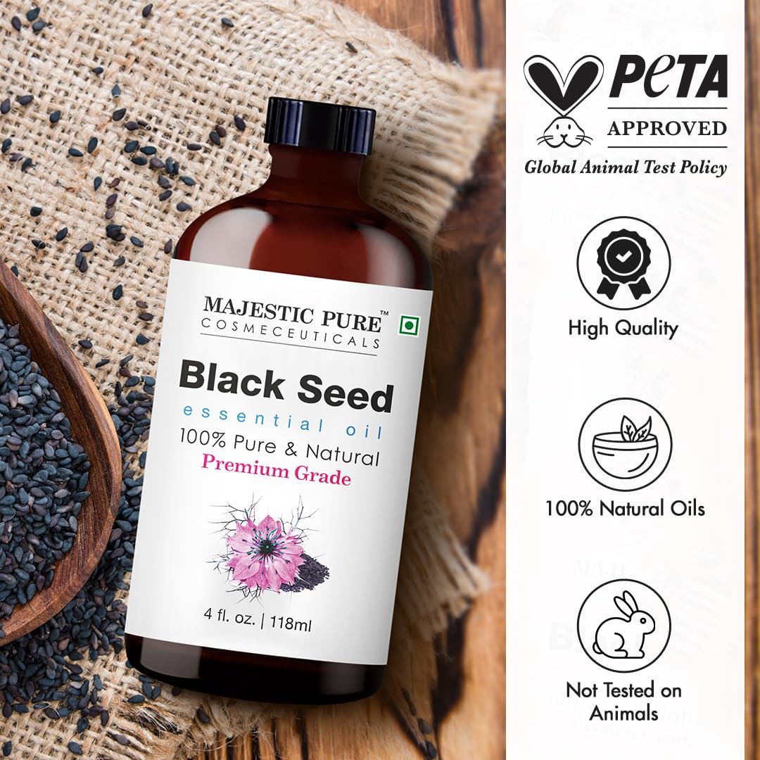 Majestic Pure Schwarzkümmelöl Bio - 100% Reines und Natürliches Ätherisches Öl mit Glaspippette, 118 ml (4 Fl Oz) für Diffuser, Aromatherapie, Seifen- und Kerzenherstellung