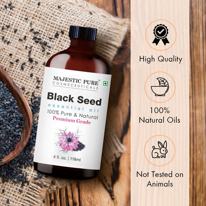 Majestic Pure Schwarzkümmelöl Bio - 100% Reines und Natürliches Ätherisches Öl mit Glaspippette, 118 ml (4 Fl Oz) für Diffuser, Aromatherapie, Seifen- und Kerzenherstellung