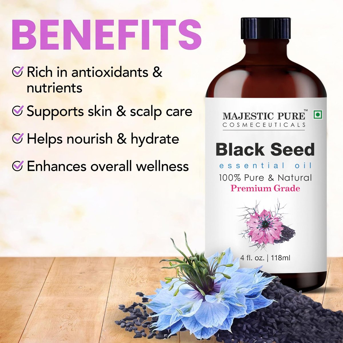 Majestic Pure Schwarzkümmelöl Bio - 100% Reines und Natürliches Ätherisches Öl mit Glaspippette, 118 ml (4 Fl Oz) für Diffuser, Aromatherapie, Seifen- und Kerzenherstellung
