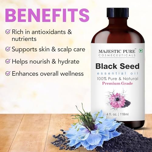 Majestic Pure Schwarzkümmelöl Bio - 100% Reines und Natürliches Ätherisches Öl mit Glaspippette, 118 ml (4 Fl Oz) für Diffuser, Aromatherapie, Seifen- und Kerzenherstellung