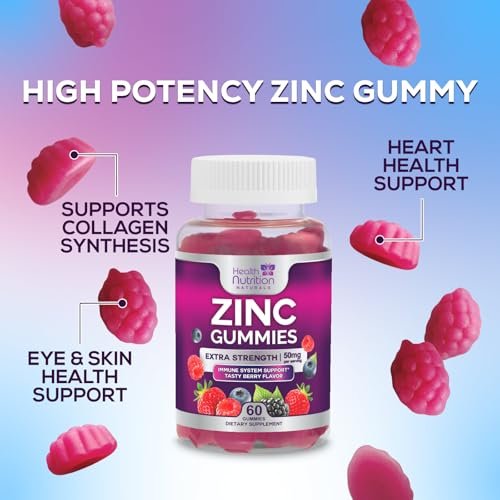 Zink Gummis 50mg pro Portion – Extra starke Immununterstützung, Antioxidans, Nicht-GVO & Glutenfrei – Bestes Zinkpräparat für Haut, Knochen und Herzgesundheit – Kaubare leckere Beerengeschmack – 60 Gummis