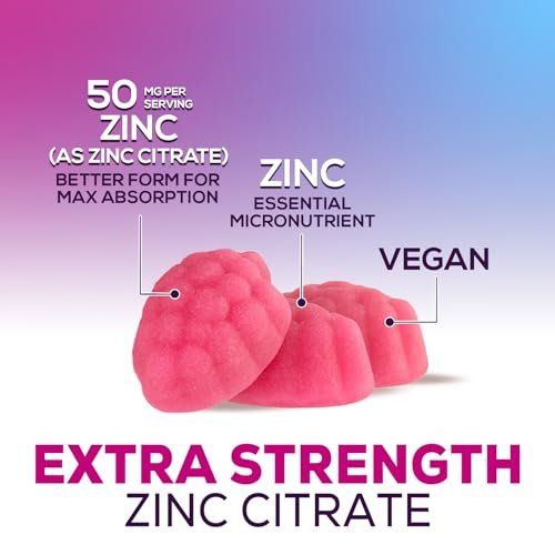 Zink Gummis 50mg pro Portion – Extra starke Immununterstützung, Antioxidans, Nicht-GVO & Glutenfrei – Bestes Zinkpräparat für Haut, Knochen und Herzgesundheit – Kaubare leckere Beerengeschmack – 60 Gummis