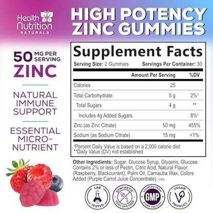 Zink Gummis 50mg pro Portion – Extra starke Immununterstützung, Antioxidans, Nicht-GVO & Glutenfrei – Bestes Zinkpräparat für Haut, Knochen und Herzgesundheit – Kaubare leckere Beerengeschmack – 60 Gummis