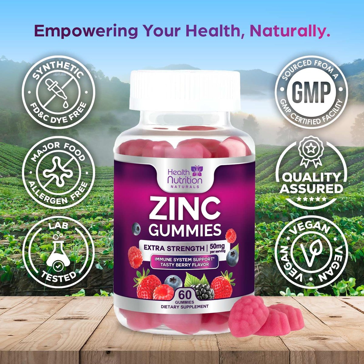 Zink Gummis 50mg pro Portion – Extra starke Immununterstützung, Antioxidans, Nicht-GVO & Glutenfrei – Bestes Zinkpräparat für Haut, Knochen und Herzgesundheit – Kaubare leckere Beerengeschmack – 60 Gummis