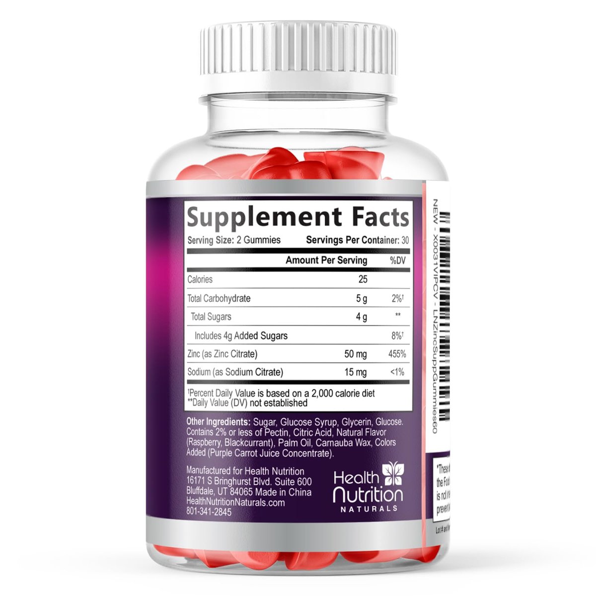 Zink Gummis 50mg pro Portion – Extra starke Immununterstützung, Antioxidans, Nicht-GVO & Glutenfrei – Bestes Zinkpräparat für Haut, Knochen und Herzgesundheit – Kaubare leckere Beerengeschmack – 60 Gummis